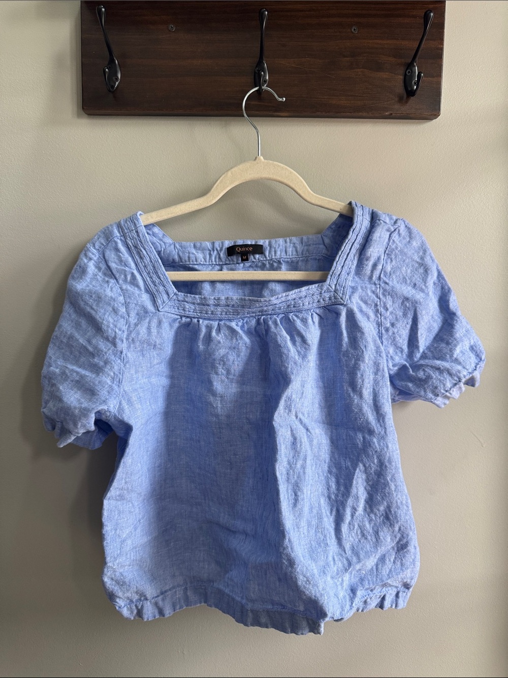 Quince Sky Blue Linen Square-Neck Short Sleeve Top, Size M